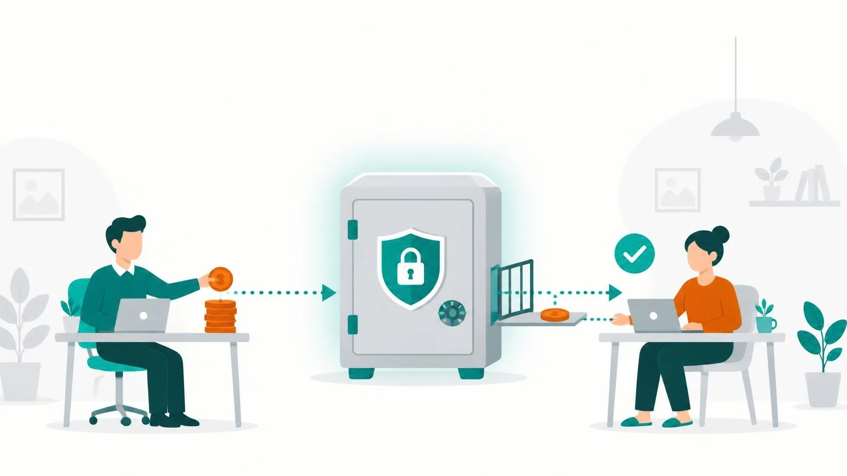 Illustration of a secure escrow vault between a buyer and a seller in an online marketplace