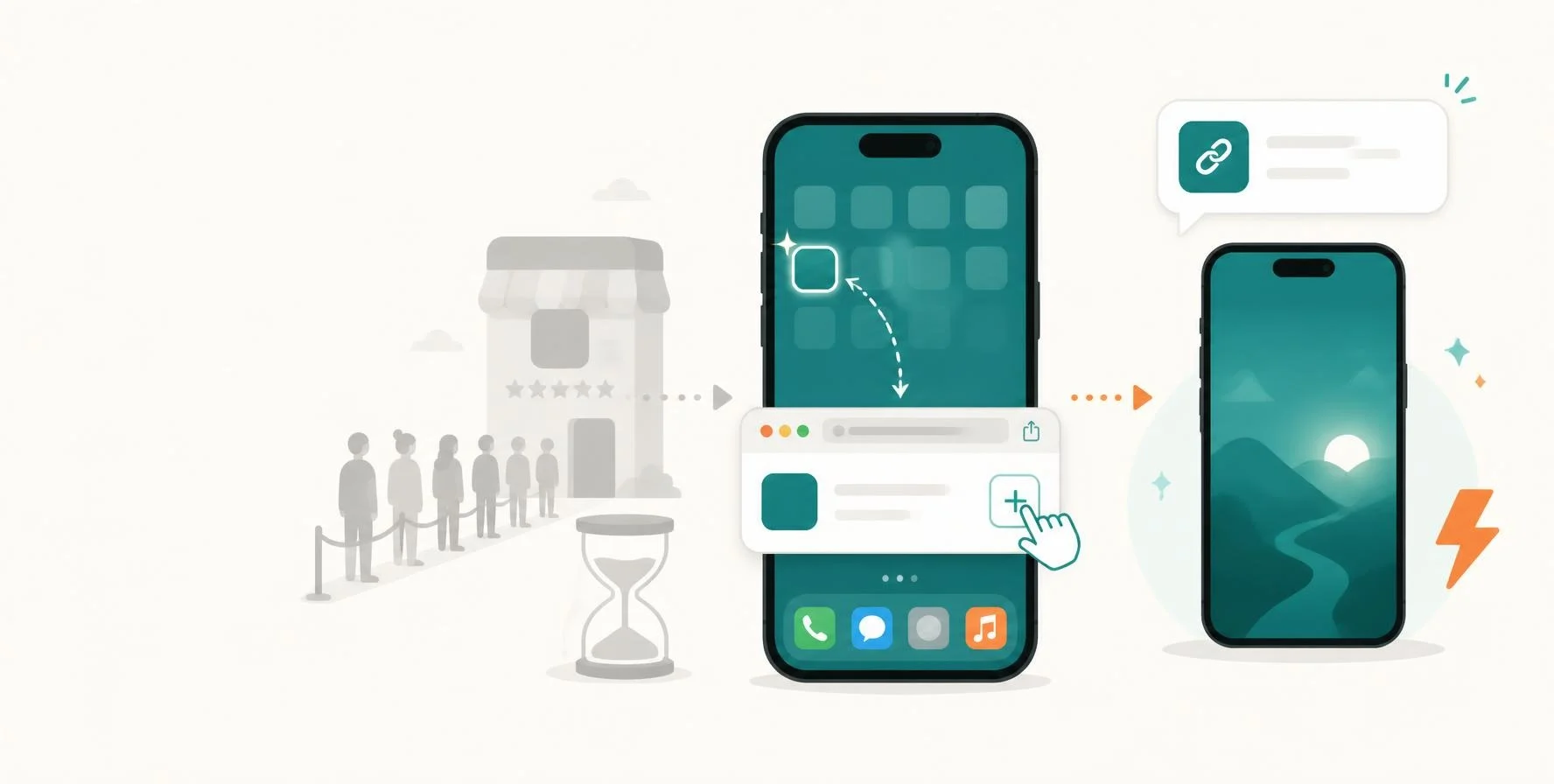 Illustration of an app installing straight from a shared link instead of waiting in an app store queue