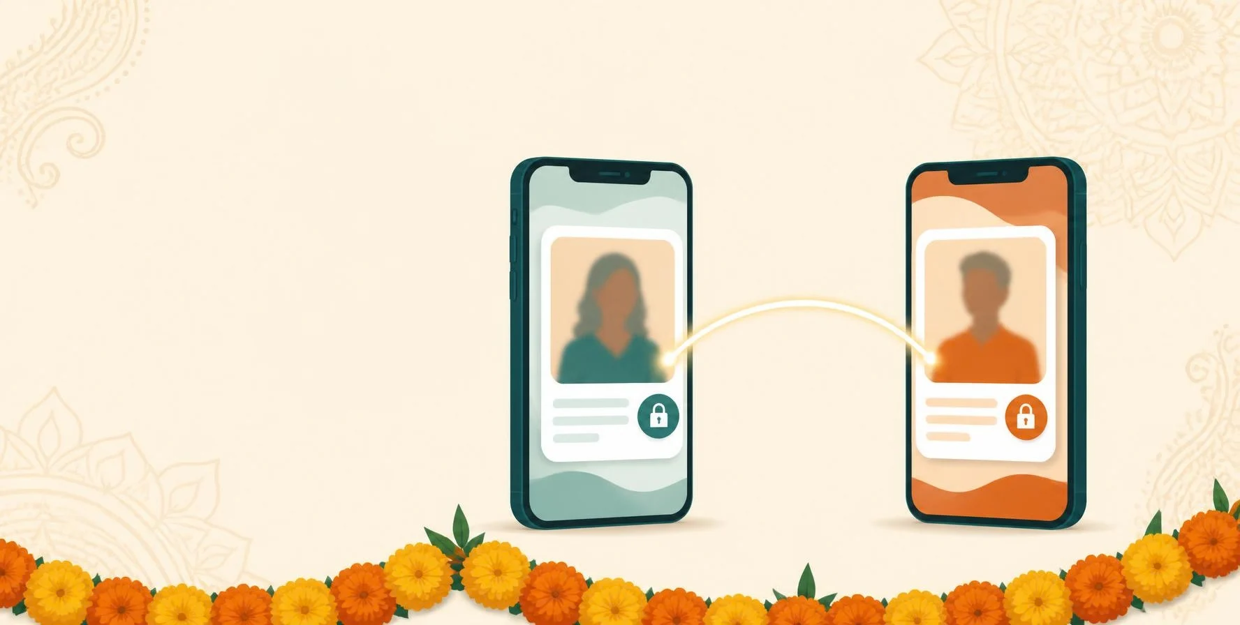 Illustration of families connecting through a private community matrimony app on their phones