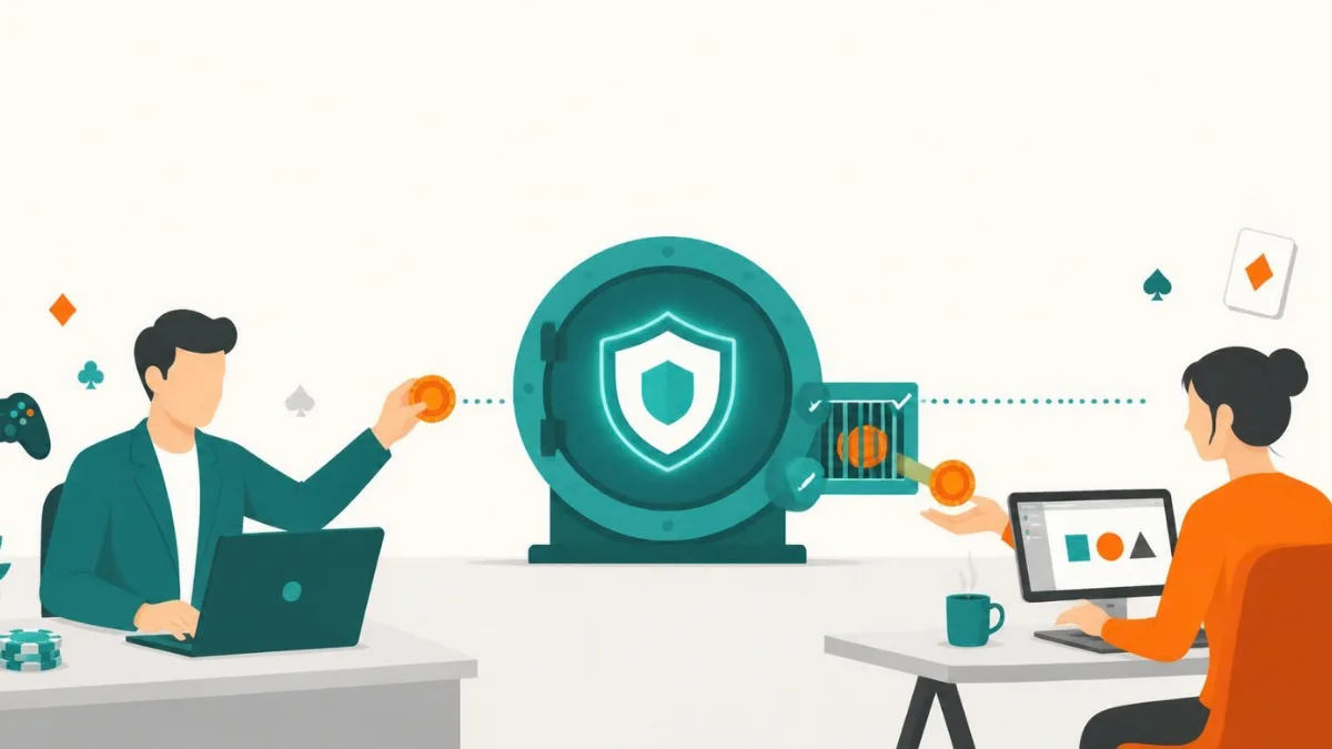 Illustration of a gaming company and a freelancer transacting safely through an escrow vault