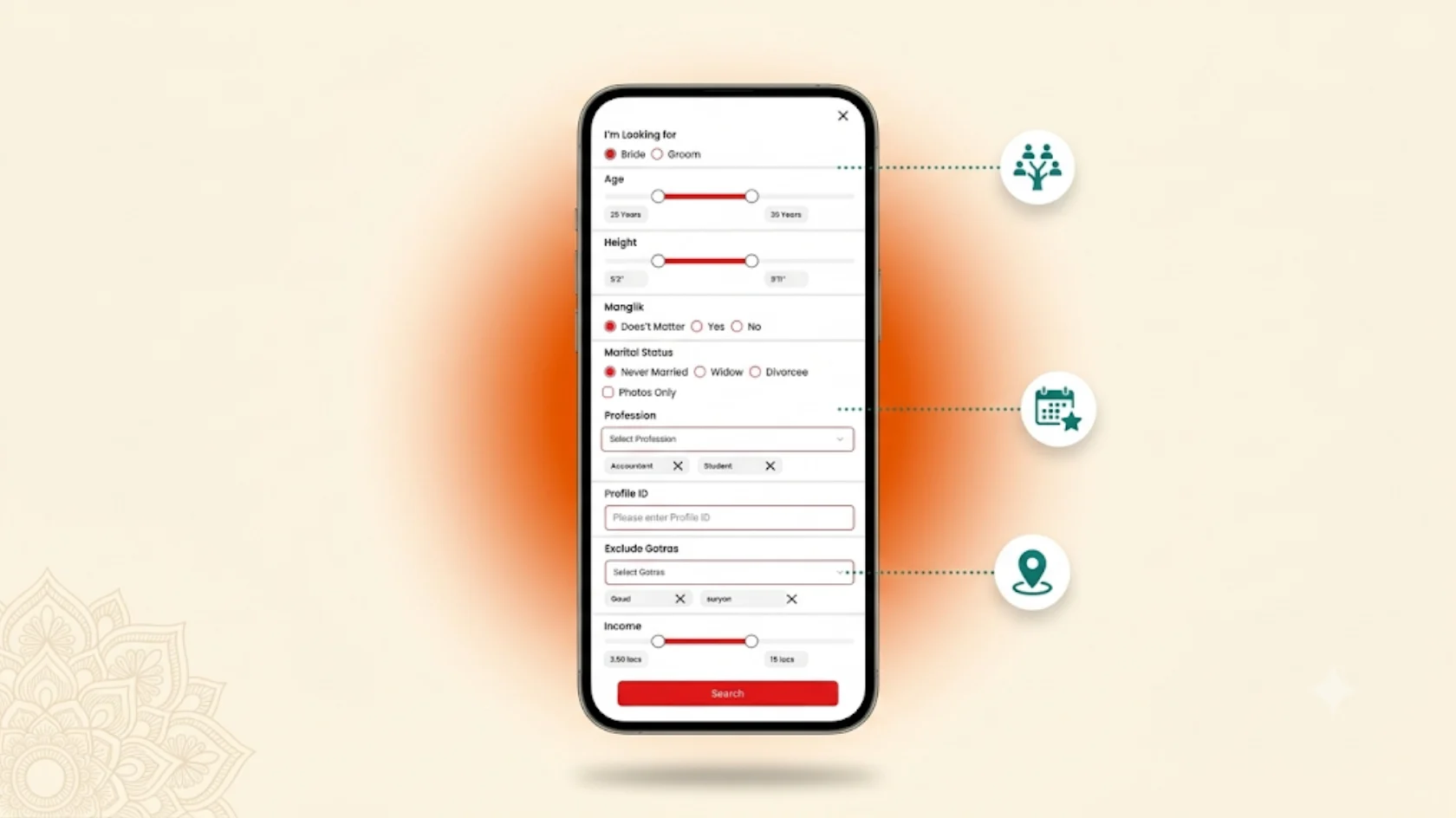 Rawa Rajput Matrimony search filters for gotra, manglik status, age and location