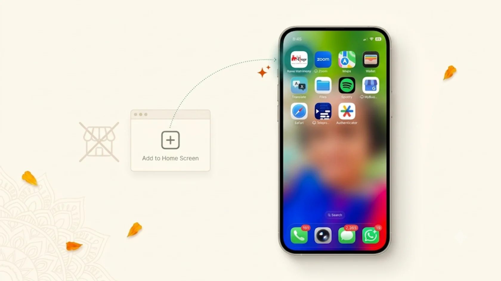 Rawa Rajput Matrimony installed on a phone home screen as a PWA, with no app store needed
