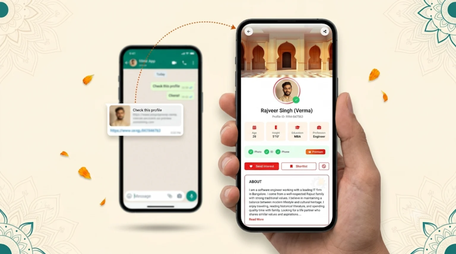 Rawa Rajput Matrimony profile opened instantly from a shared link in a mobile browser, with personal details blurred