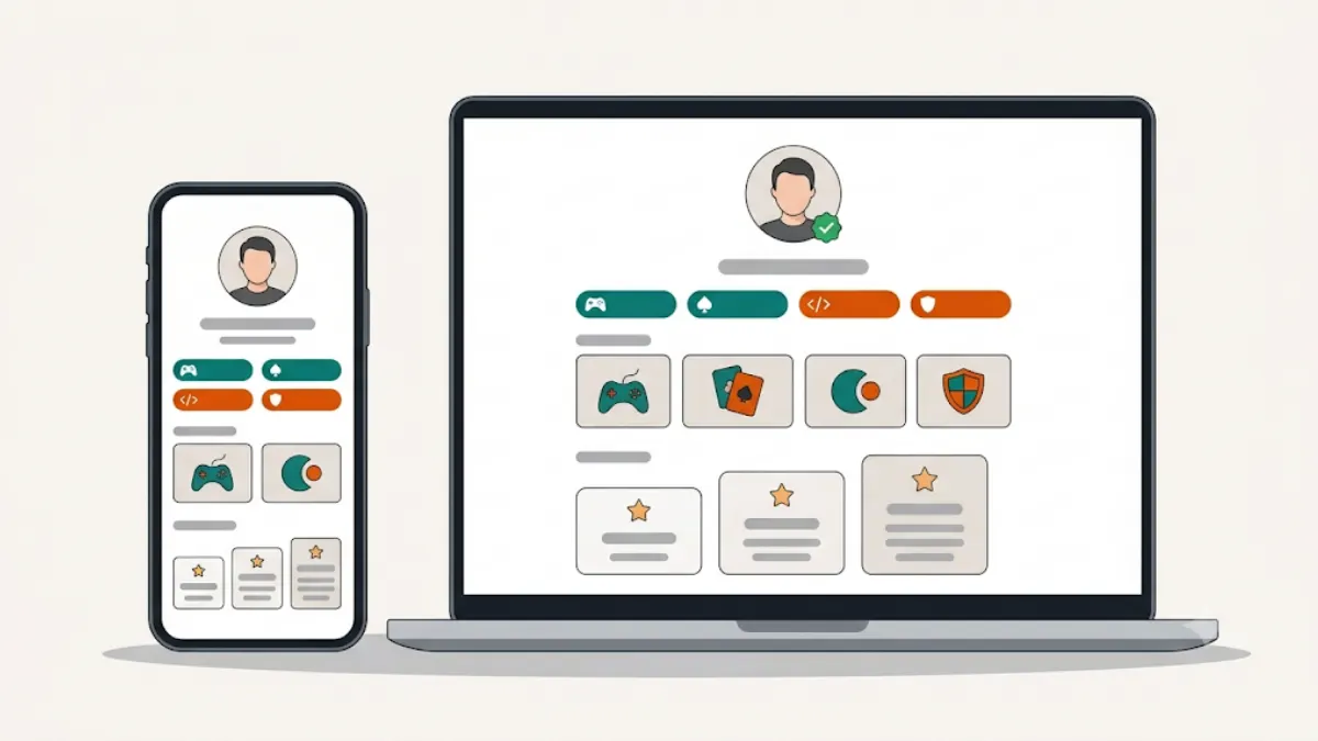 RI Experts freelancer profile with iGaming skill tags, portfolio and service packages, details blurred